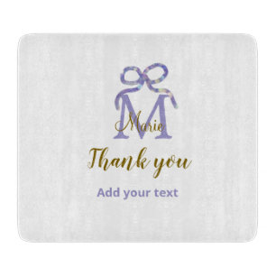Purple glitter bow add name letter monogram thank cutting board