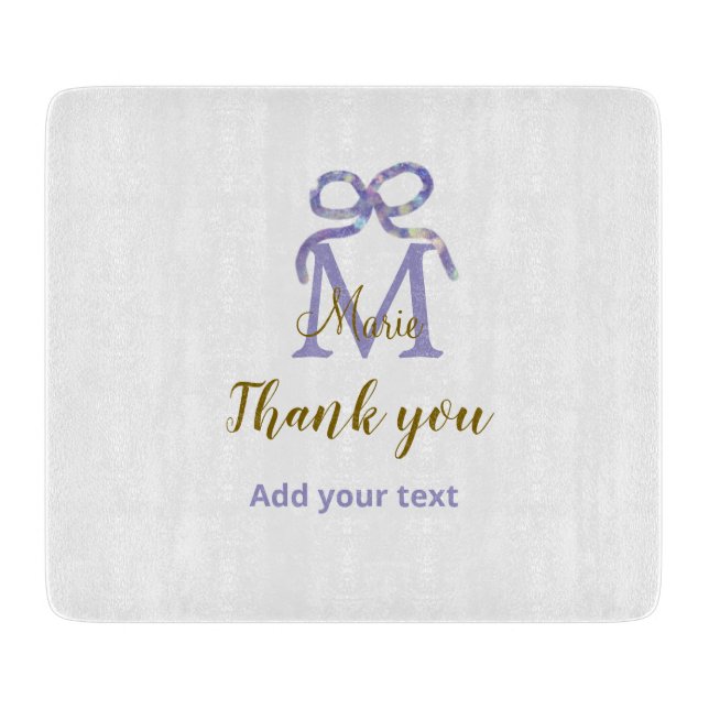 Purple glitter bow add name letter monogram thank  cutting board (Front)