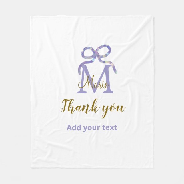 Purple glitter bow add name letter monogram thank  fleece blanket (Front)