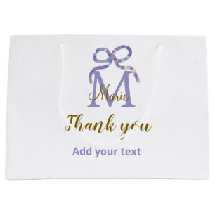 Purple glitter bow add name letter monogram thank large gift bag