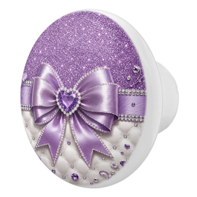 Purple Glitter Bow Heart Personalised Glam Design Ceramic Knob (Right)