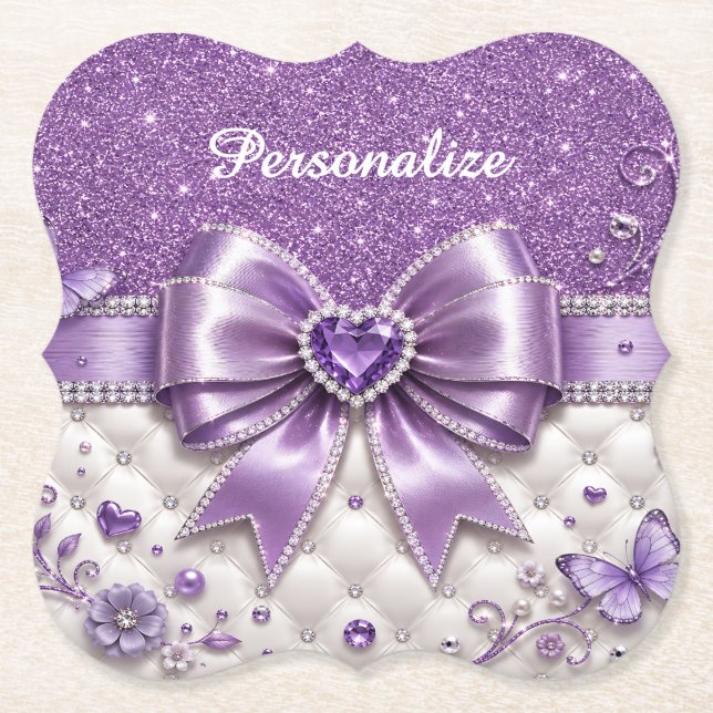 Purple Glitter Bow Heart Personalised Glam Design Paper Coaster (Front)