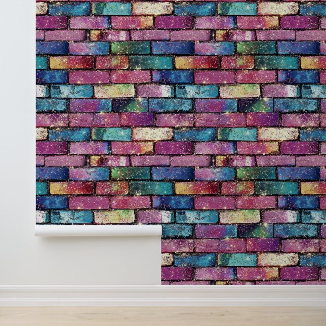 Purple Glitter Brick Pattern Wallpaper (Application)