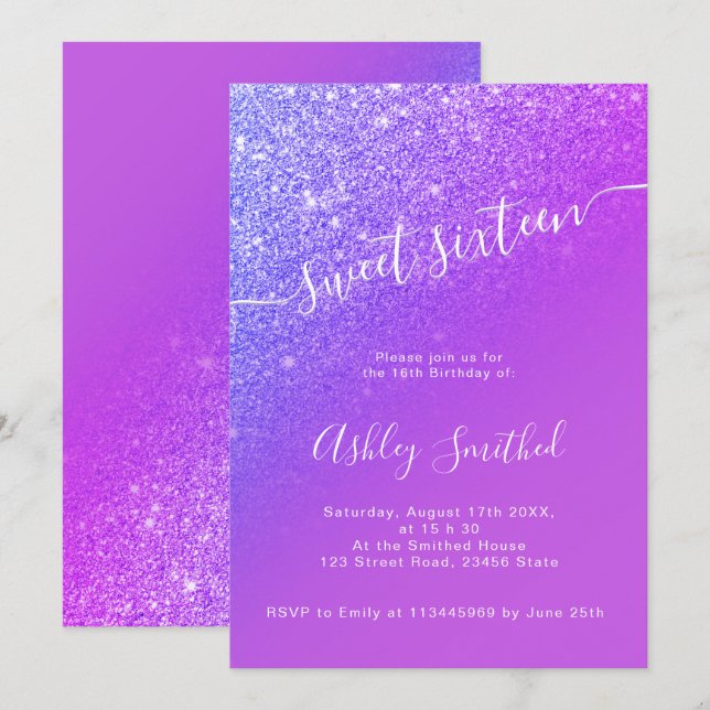 Purple glitter bright ombre chic script sweet 16 2 invitation (Front/Back)