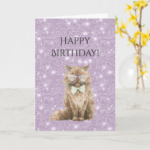 Purple Glitter Brown Cool Cat Glasses Birthday Card