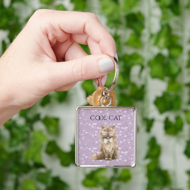 Purple Glitter Brown Cool Cat Glasses   Key Ring (Hand)