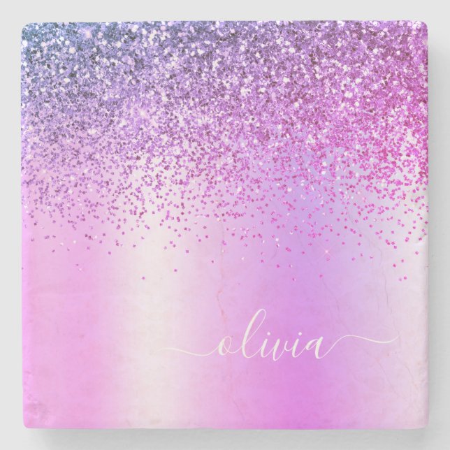 Purple Glitter Brushed Girly Monogram Name Stone Coaster (Front)