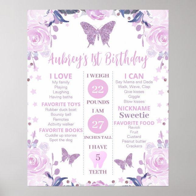 Purple Glitter Butterfly Birthday Milestone Poster (Front)