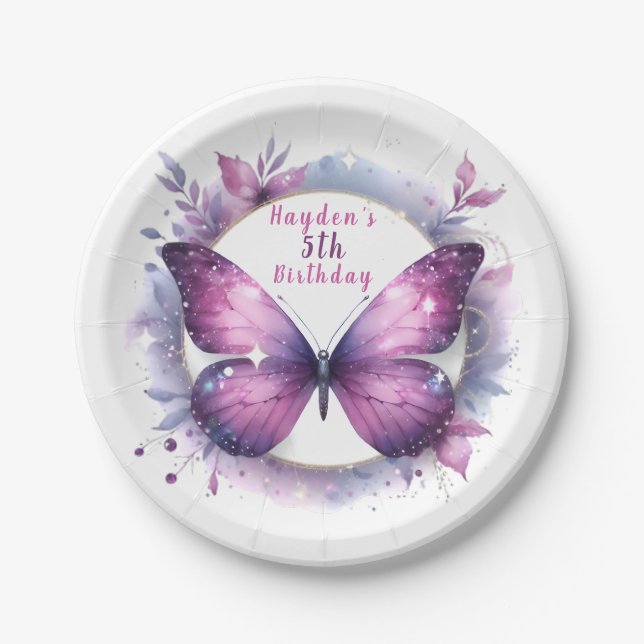 Purple Glitter Butterfly - Birthday Paper Plate (Front)