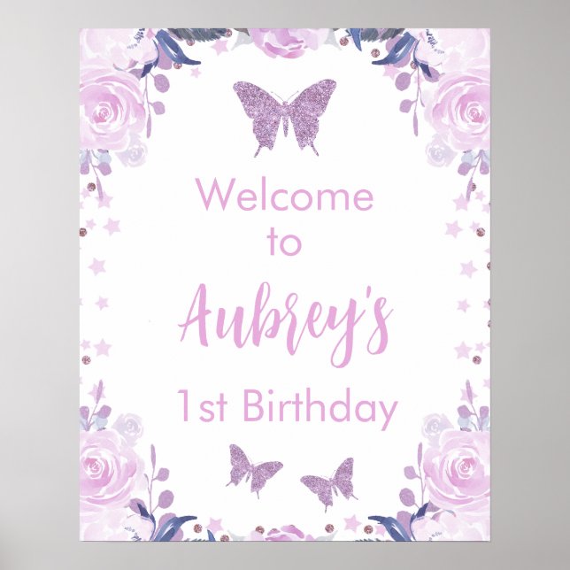Purple Glitter Butterfly Birthday Welcome Poster (Front)