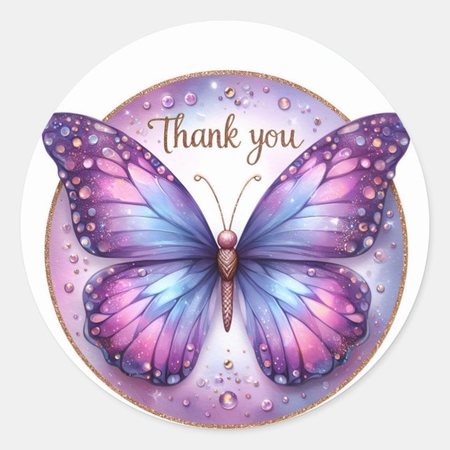 Purple Glitter Butterfly - Thank you - Classic Round Sticker (Front)
