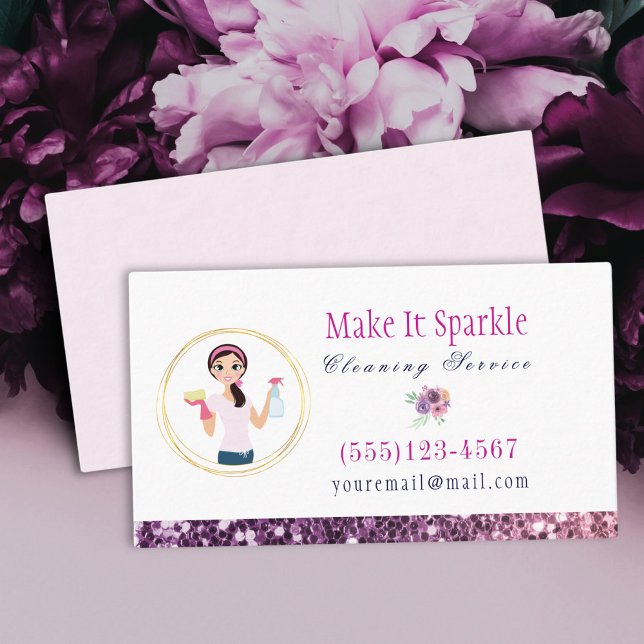 Purple Glitter Cartoon Maid Cleaning Services Business Card (Creator Uploaded)