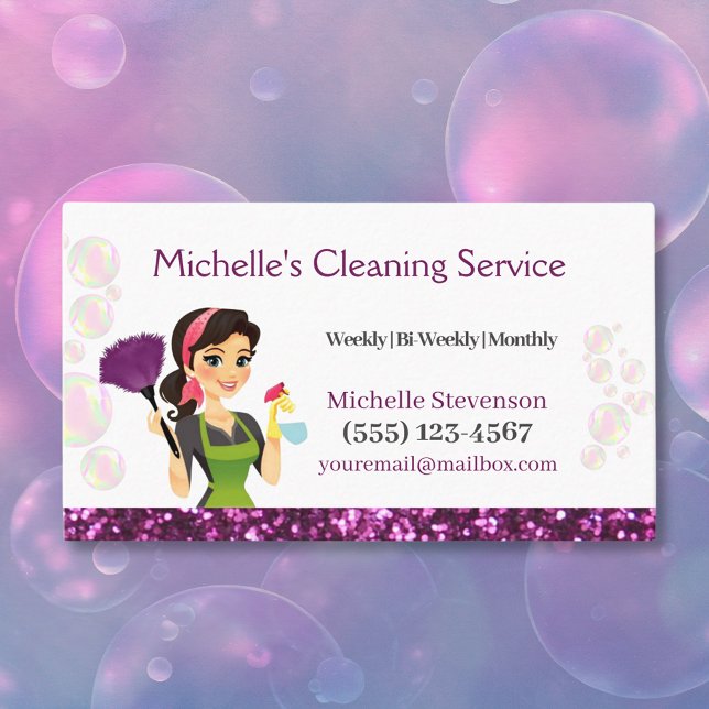 Purple Glitter Cartoon Maid House Cleaning Service Business Card (Creator Uploaded)
