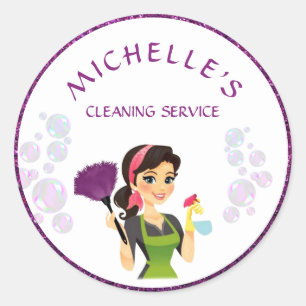 Purple Glitter Cartoon Maid House Cleaning Service Classic Round Sticker