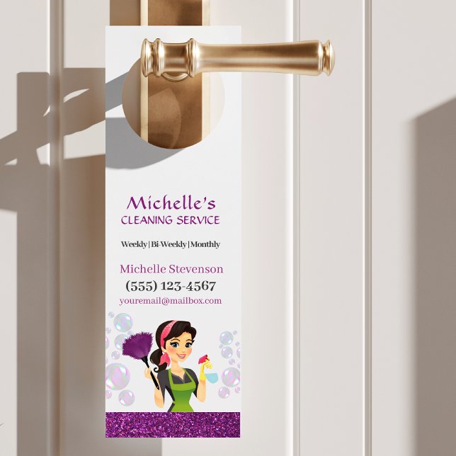 Purple Glitter Cartoon Maid House Cleaning Service Door Hanger (Creator Uploaded)