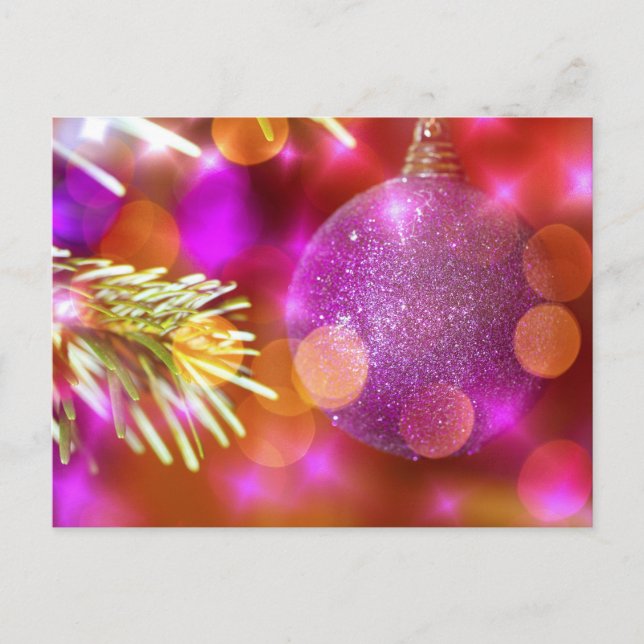 Purple Glitter Christmas Bauble Ball Bokeh Holiday Postcard (Front)