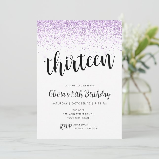 Purple Glitter Confetti Border Birthday Invitation (Standing Front)