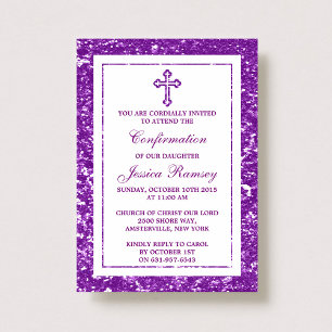 Purple Glitter Cross Holy Communion / Confirmation Invitation