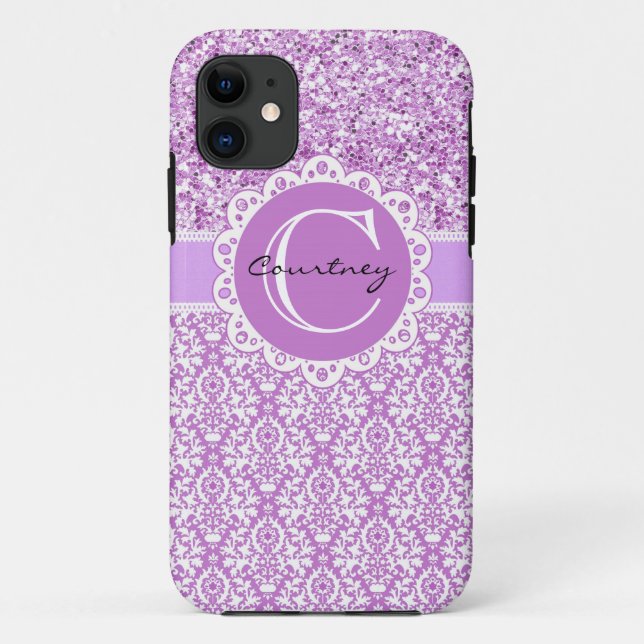 Purple Glitter & Damask w/Name & Initial Cover (Back)