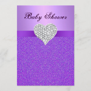 Purple Glitter Diamond Heart Baby Shower Invite