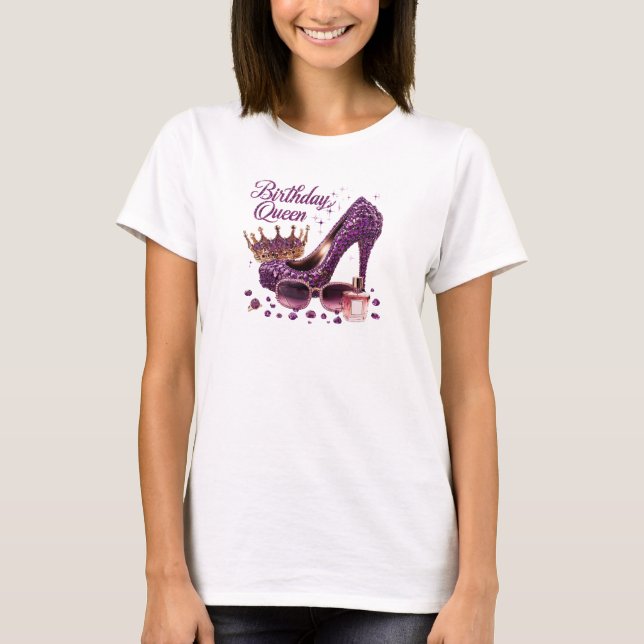 Purple glitter diamond high heel birthday queen  T-Shirt (Front)