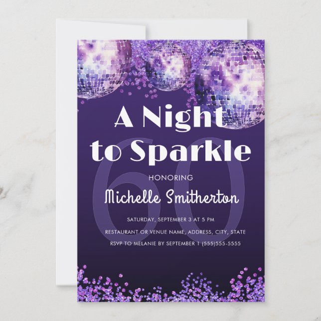 Purple Glitter Disco Night to Sparkle Glam 60th  Invitation (Front)