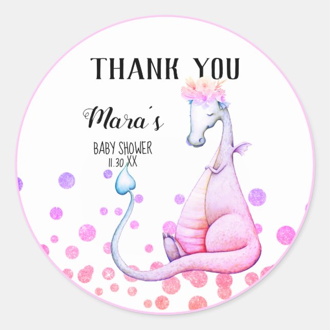 *~* Purple Glitter  Dragon Baby Girl Thank You Classic Round Sticker (Front)