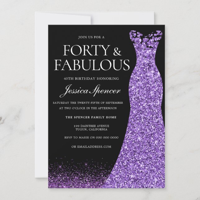 Purple Glitter Dress Gown 40th Birthday Party Invitation (Front)