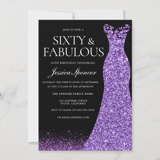 Purple Glitter Dress Gown 60th Birthday Party Invitation (Front)