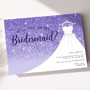 Purple Glitter Dress Will You Be My Bridesmaid Invitation