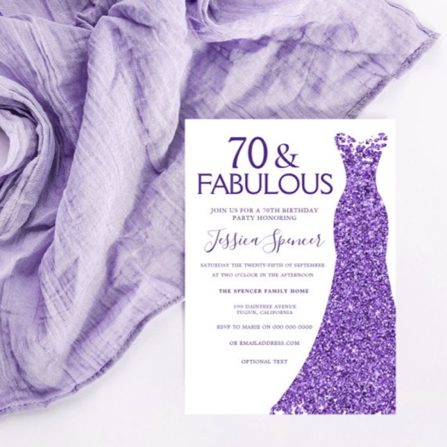 Purple Glitter Dress Womans 70th Birthday Party Invitation (Creator Uploaded)