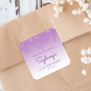 Purple Glitter Drip 21st Birthday Thank You Square Sticker