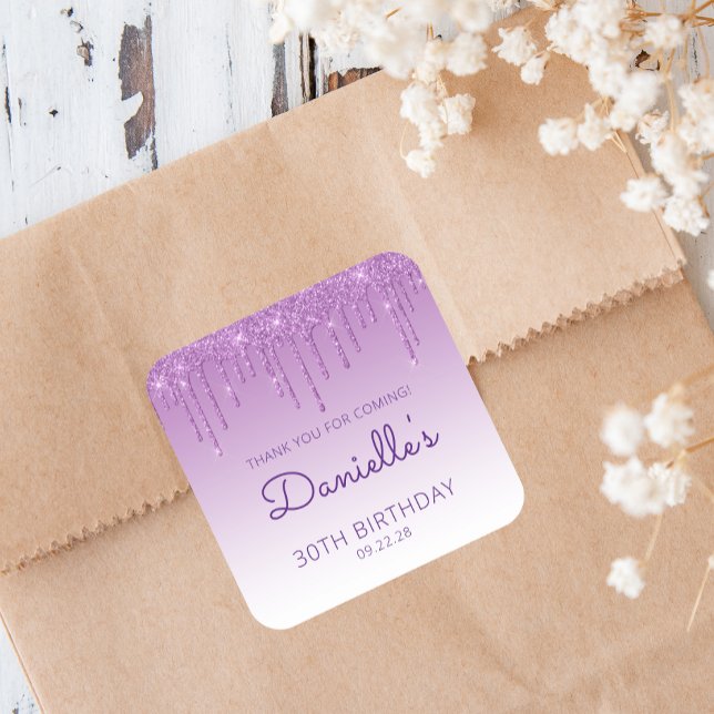 Purple Glitter Drip 30th Birthday Thank You Square Sticker (Creator Uploaded)