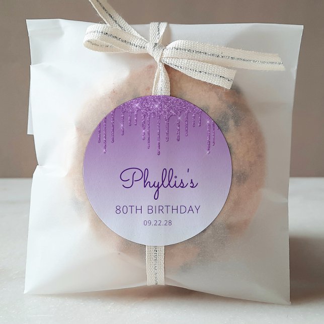 Purple Glitter Drip 80th Birthday Classic Round Sticker (Creator Uploaded)