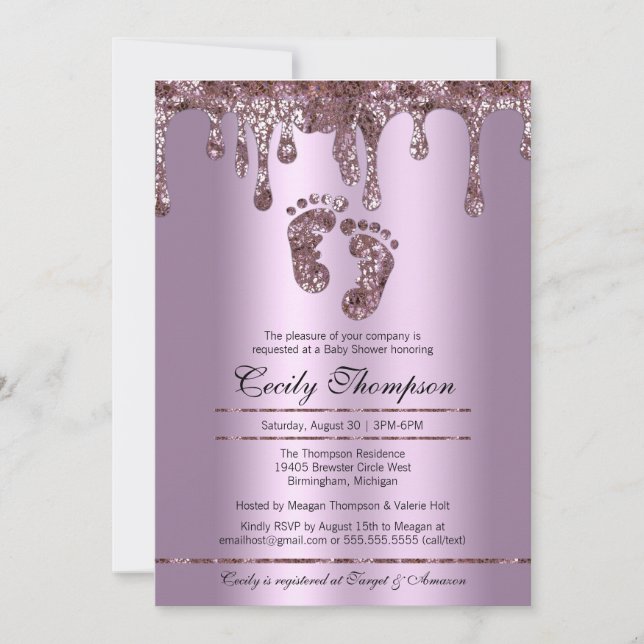 Purple Glitter Drip Luxury Baby Feet Shower Invitation (Front)