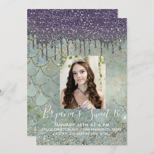 Purple Glitter Drip Mermaid Sweet 16 Photo Invitation (Front/Back)