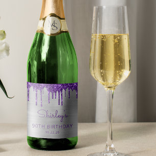 Purple Glitter Drip Silver 90th Birthday Party Sparkling Wine Label