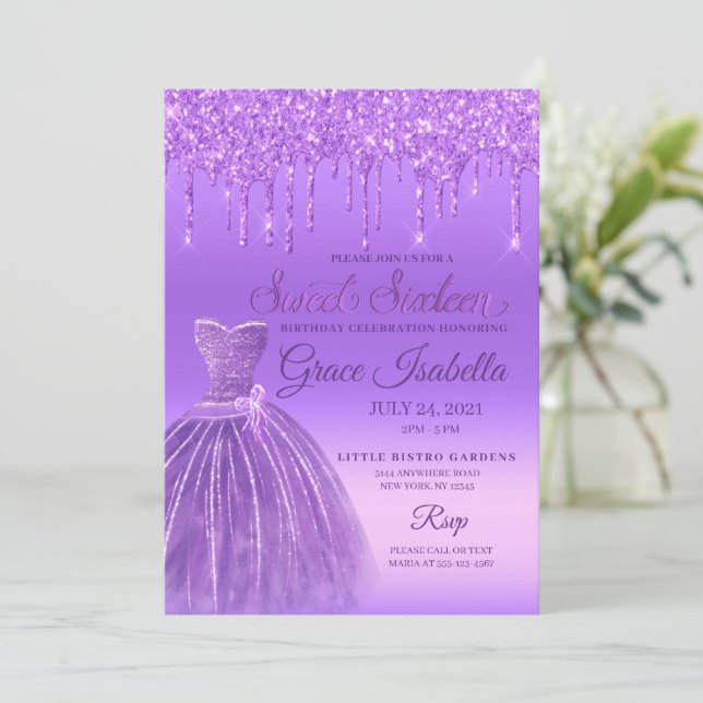 Purple Glitter Drip Sweet Sixteen Birthday Invitation (Standing Front)