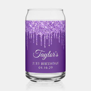 Purple Glitter Drips 21st Birthday Can Glass