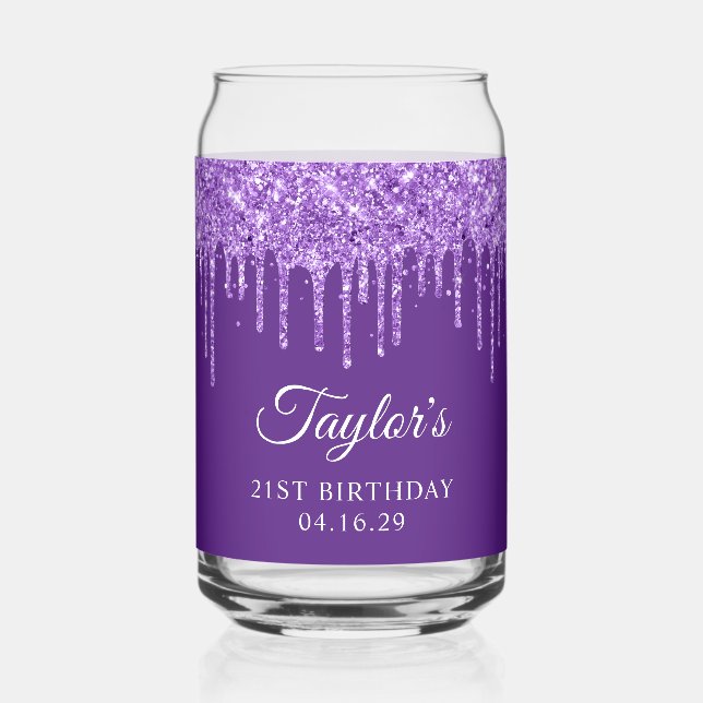 Purple Glitter Drips 21st Birthday Can Glass (Front)