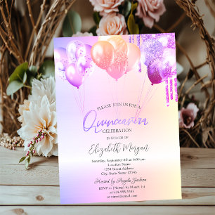 Purple Glitter Drips Balloons Silver Quinceañera Invitation
