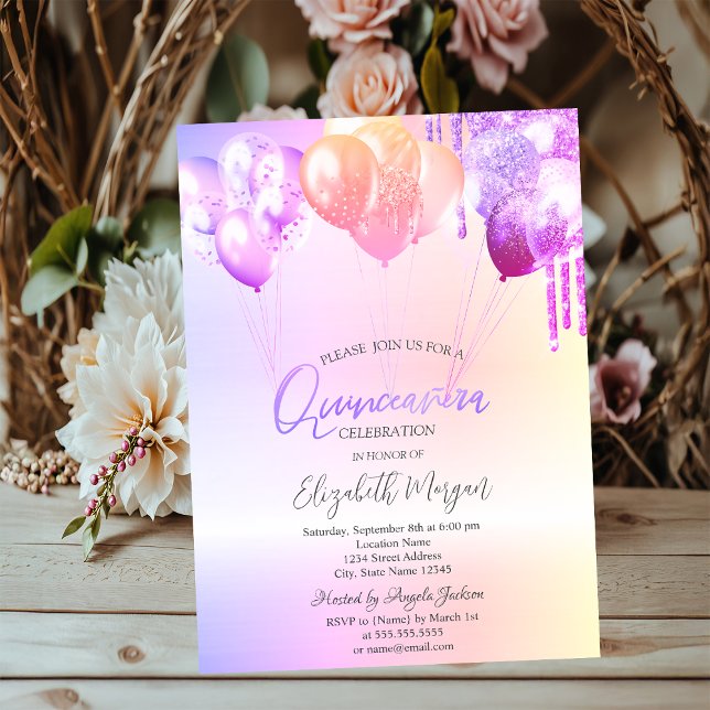Purple Glitter Drips Balloons Silver Quinceañera Invitation (Creator Uploaded)