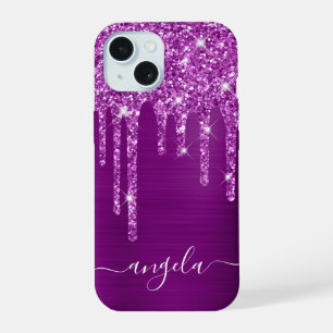 Purple Glitter Drips Glam Girly Signature iPhone 15 Case