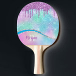 Purple Glitter Drips, Iridescent, Name & Monogram Ping Pong Paddle<br><div class="desc">Personalise with purple name and white monogram on teal,  blue and purple Iridescent background with Purple Glitter Drips.</div>
