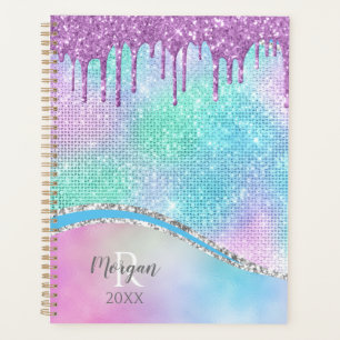 Purple Glitter Drips, Iridescent, Name & Monogram  Planner