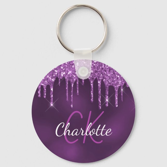Purple glitter drips monogram initials elegant key ring (Front)