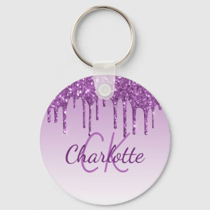 Purple glitter drips monogram initials name key ring