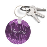 Purple glitter drips monogram initials name luxury key ring<br><div class="desc">A deep purple background decorated with faux glitter drips,  paint dripping look. The purple background colour is uneven. Personalise and add your name and monogram initials.  Purple and white coloured letters. The name is written with a modern hand lettered style script.</div>