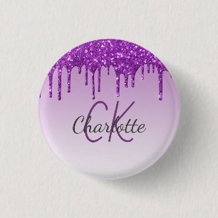 Purple glitter drips monogram name script 3 cm round badge