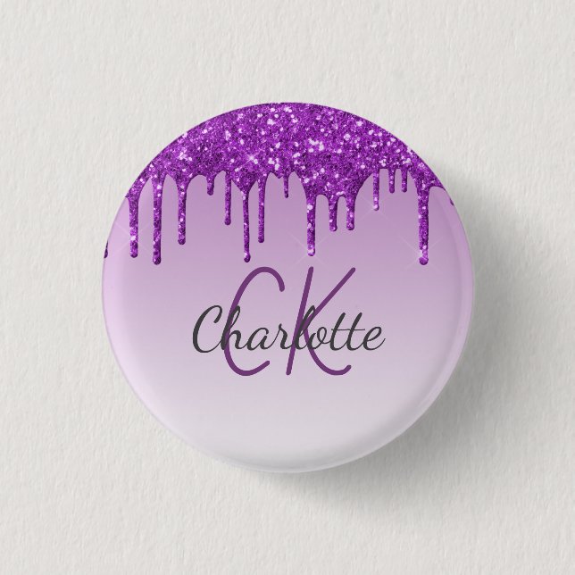 Purple glitter drips monogram name script 3 cm round badge (Front)